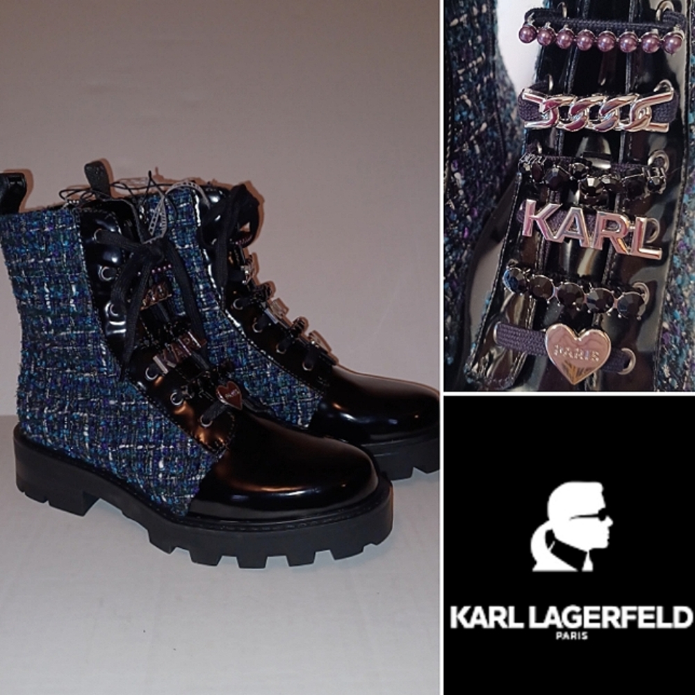 NEW!!🥾🥾Karl Lagerfeld Paris Mela Combat Boot, Tweed Boucle Black / Blue / Purple
